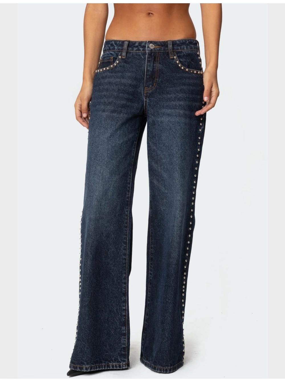 Edikted Stassie XS Studded Low Rise Baggy Wide Leg Jeans Blue Denim Y2K Festival